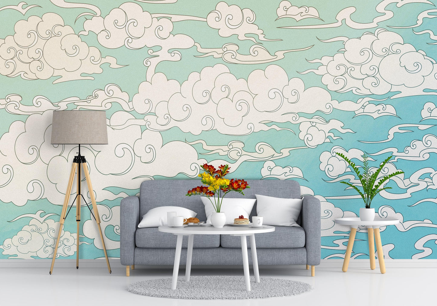 Japanese Traditional Curly Cloud in Sky Abstract Illustration Asian Decor Wall Mural. Peel and Stick Wallpaper. #6297