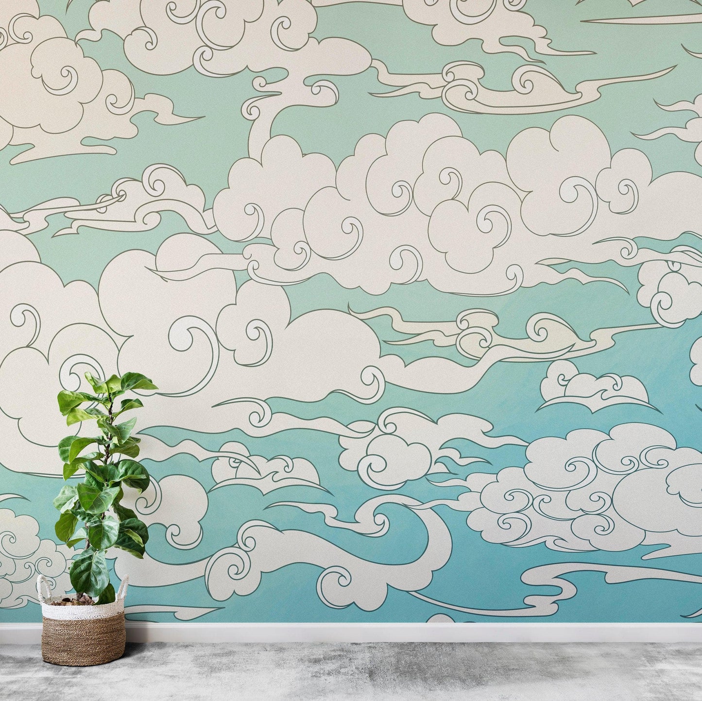 Japanese Traditional Curly Cloud in Sky Abstract Illustration Asian Decor Wall Mural. Peel and Stick Wallpaper. #6297