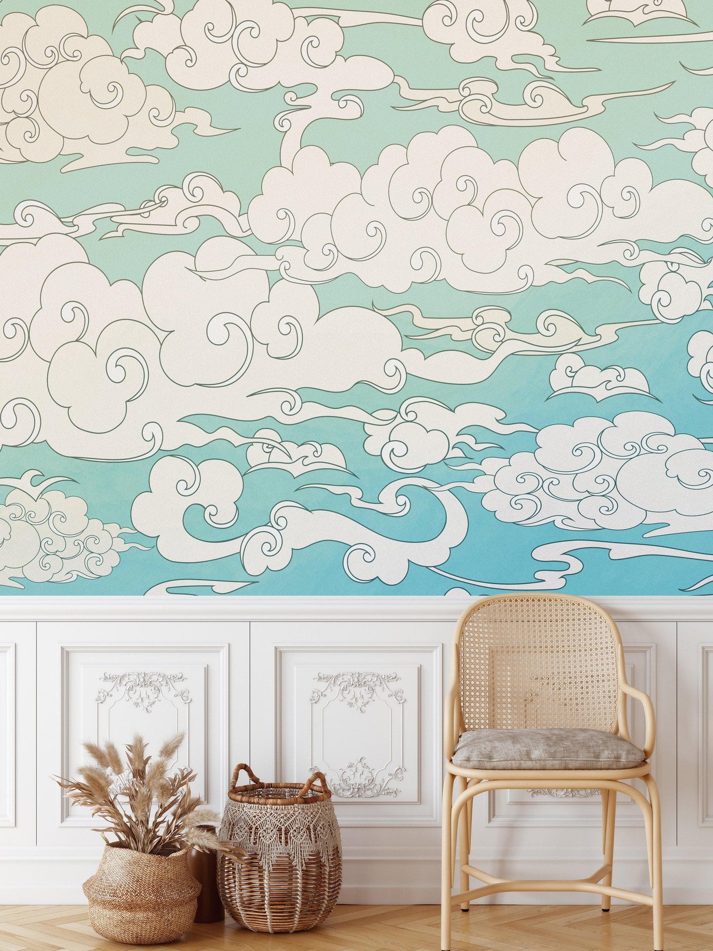 Japanese Traditional Curly Cloud in Sky Abstract Illustration Asian Decor Wall Mural. Peel and Stick Wallpaper. #6297