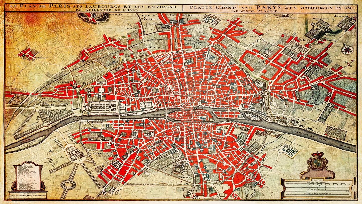 Vintage Map of Paris Wall Mural. Plattegrond van Parijs (ca. 1721–1774) by Guillaume Delisle. #6312