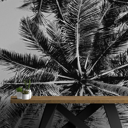 Black and White Tropical Palm Tree Mural. Vintage Summer Vibe. #6315