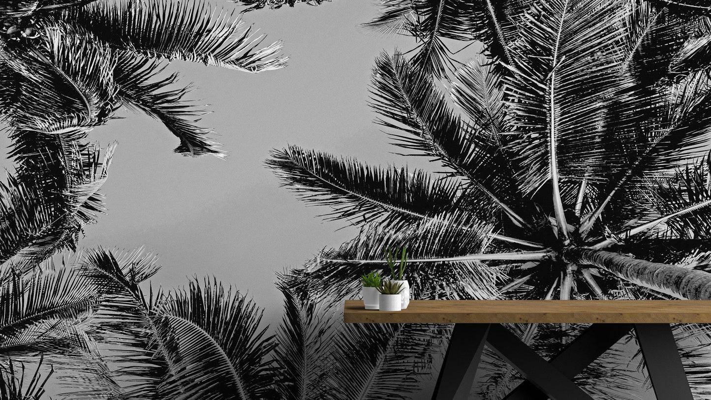 Black and White Tropical Palm Tree Mural. Vintage Summer Vibe. #6315