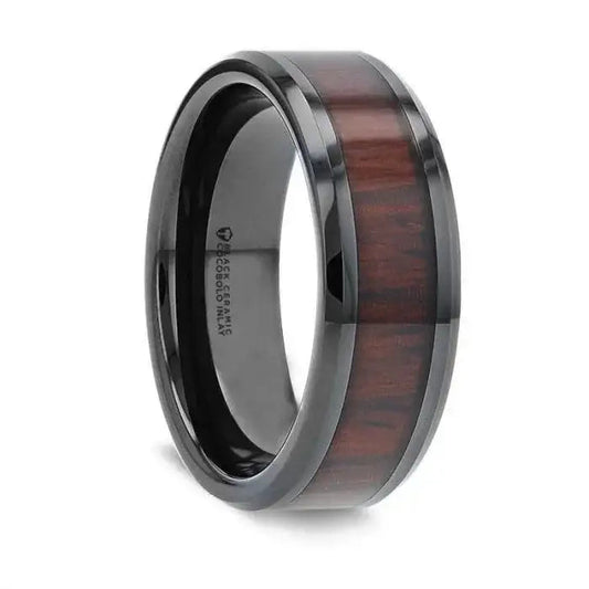 KAI Beveled Black Ceramic Ring with Cocobolo Wood Inlay - 8mm