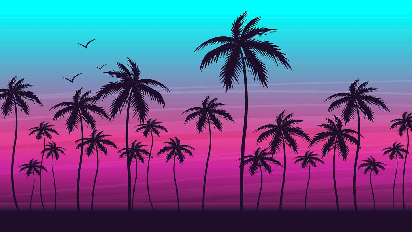 Miami Tropical Palm Tree Illustration Vice Color Sunset Wall Mural. Bright Miami Vice Blue and Fuchsia Colors. #6331