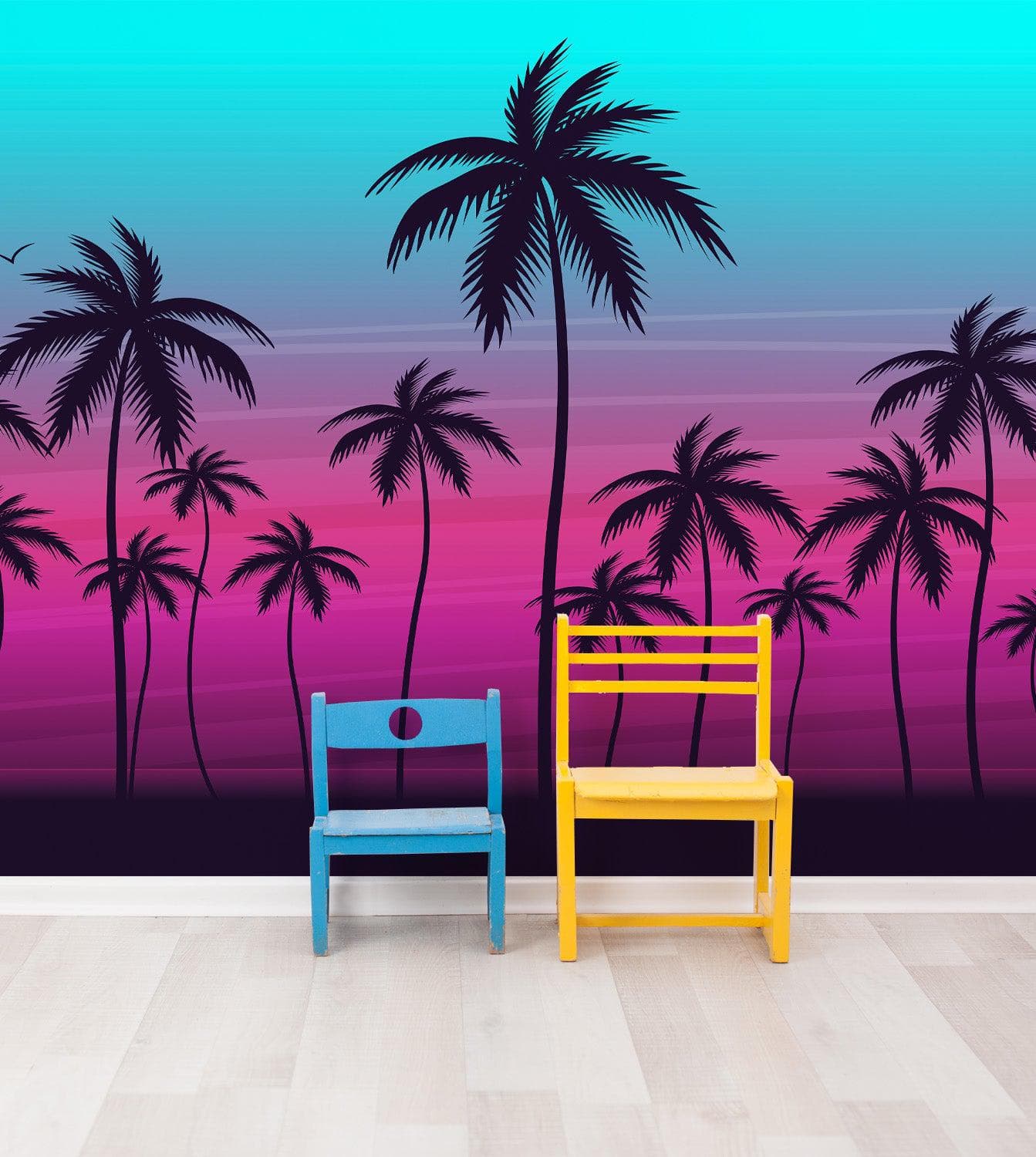Miami Tropical Palm Tree Illustration Vice Color Sunset Wall Mural. Bright Miami Vice Blue and Fuchsia Colors. #6331