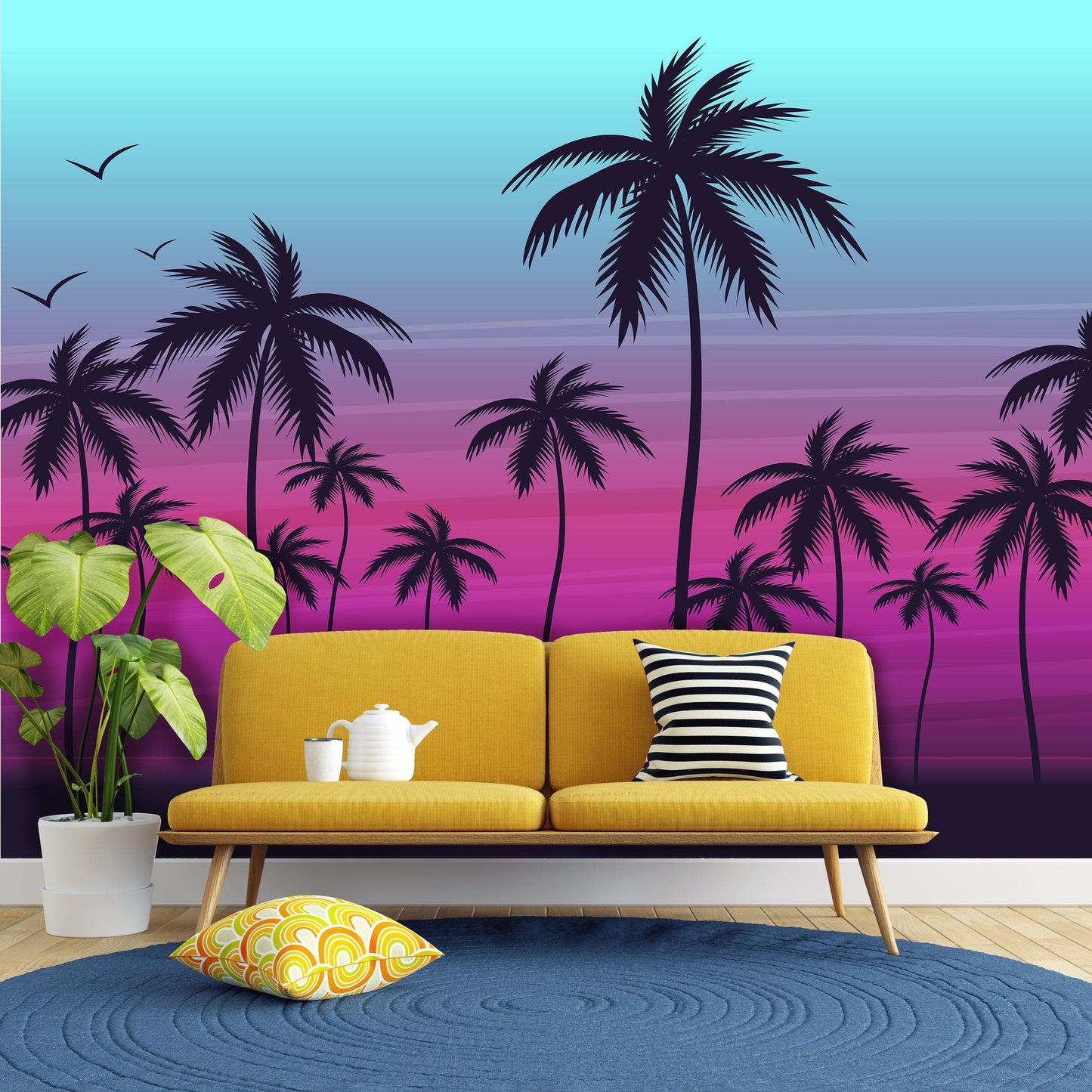 Miami Tropical Palm Tree Illustration Vice Color Sunset Wall Mural. Bright Miami Vice Blue and Fuchsia Colors. #6331