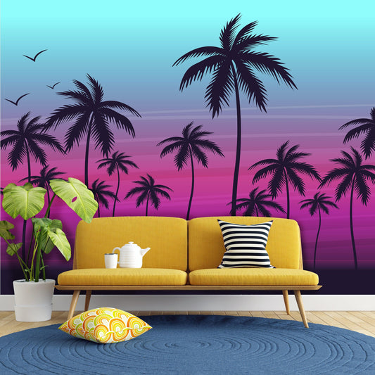 Miami Tropical Palm Tree Illustration Vice Color Sunset Wall Mural. Bright Miami Vice Blue and Fuchsia Colors. #6331