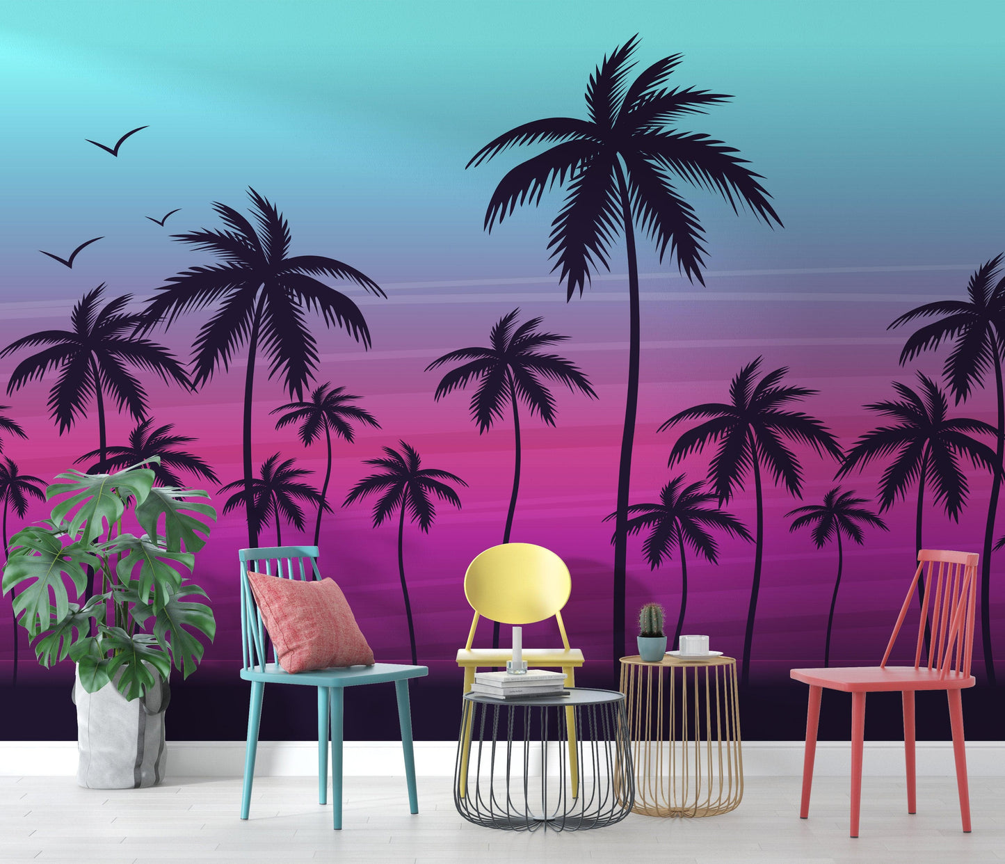 Miami Tropical Palm Tree Illustration Vice Color Sunset Wall Mural. Bright Miami Vice Blue and Fuchsia Colors. #6331