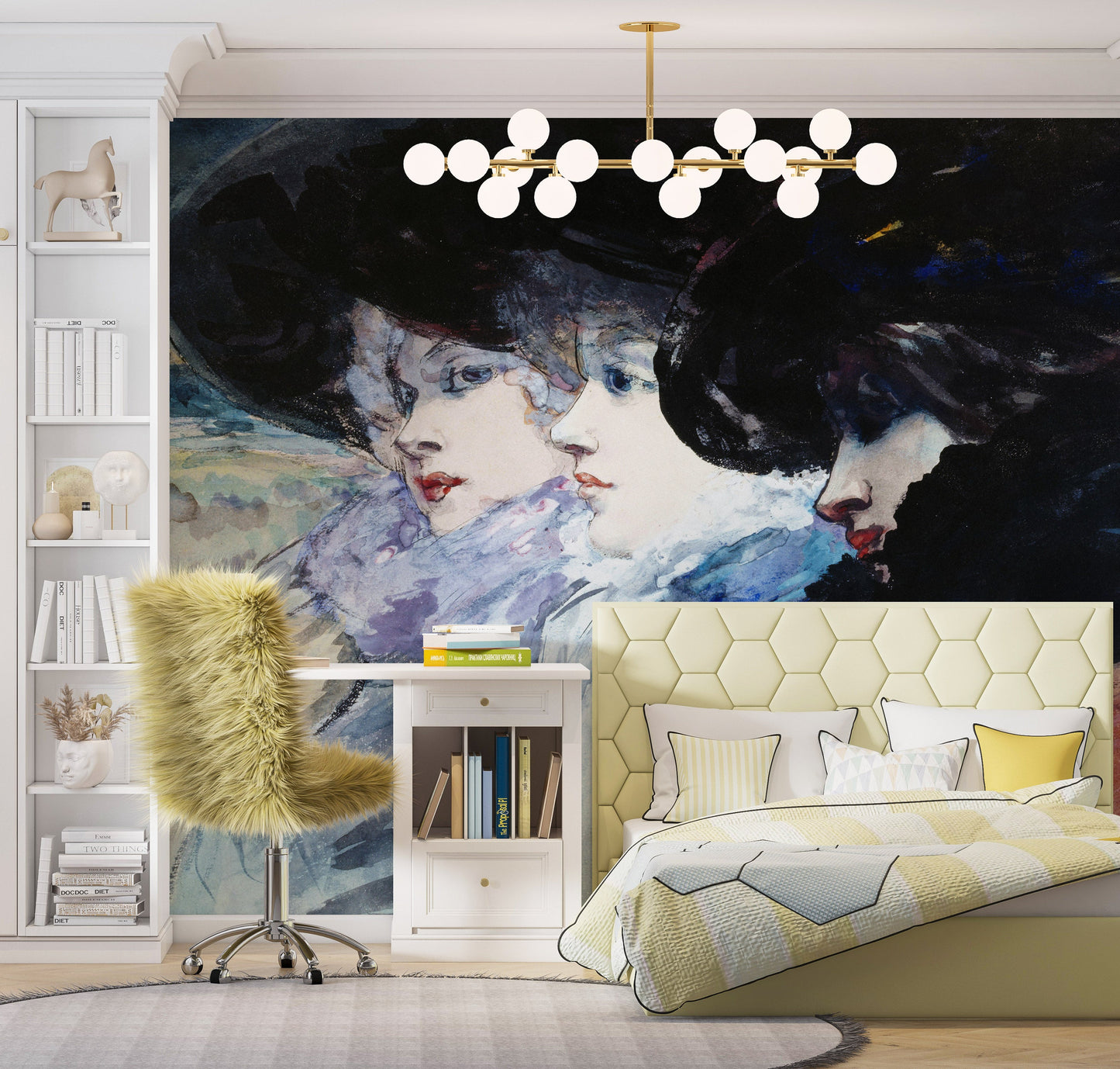 Vintage Painting, Three Women in Profile by Artist Henry Somm. Large Wall Mural / Peel and Stick Wallpaper. #6338