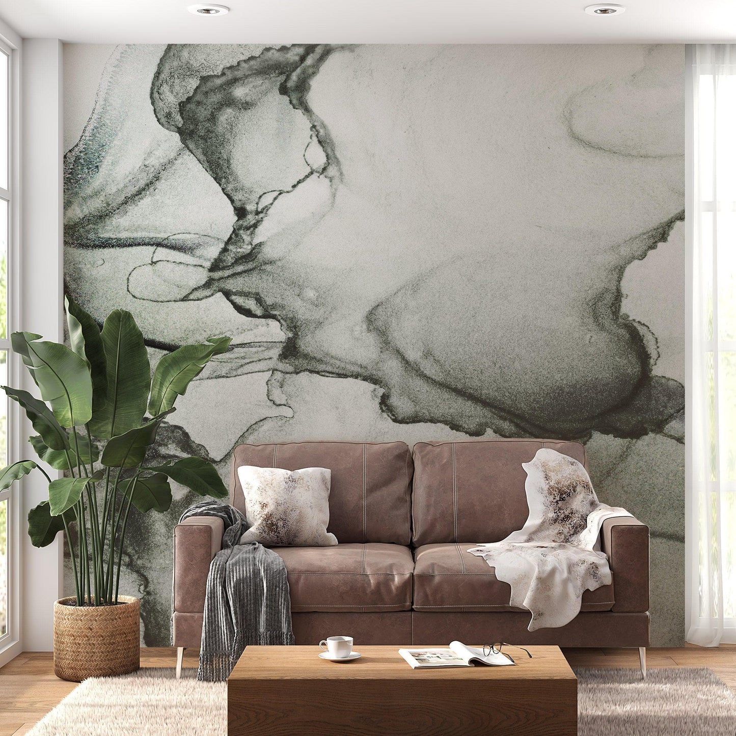 Abstract Black and White Fluid Alcohol Ink Painting Wall Mural. Peel and Stick Wallpaper. #6341