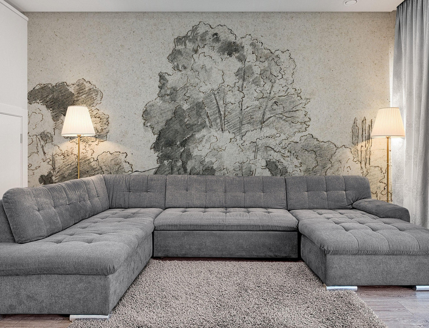 Forest Trees Wallpaper Peel and Stick Mural, Grove of Trees Drawing by Camille Pissarro. #6344