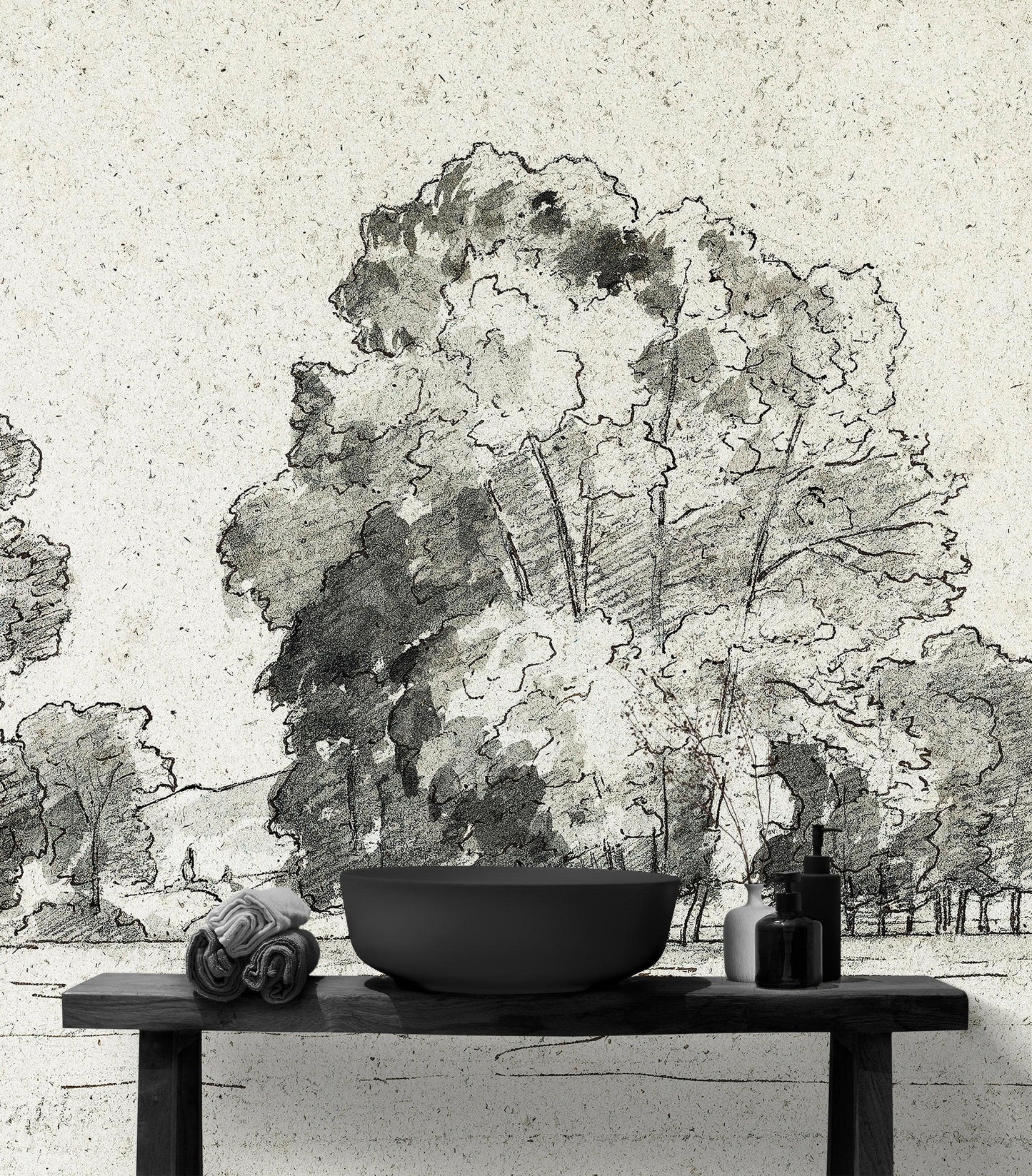 Forest Trees Wallpaper Peel and Stick Mural, Grove of Trees Drawing by Camille Pissarro. #6344