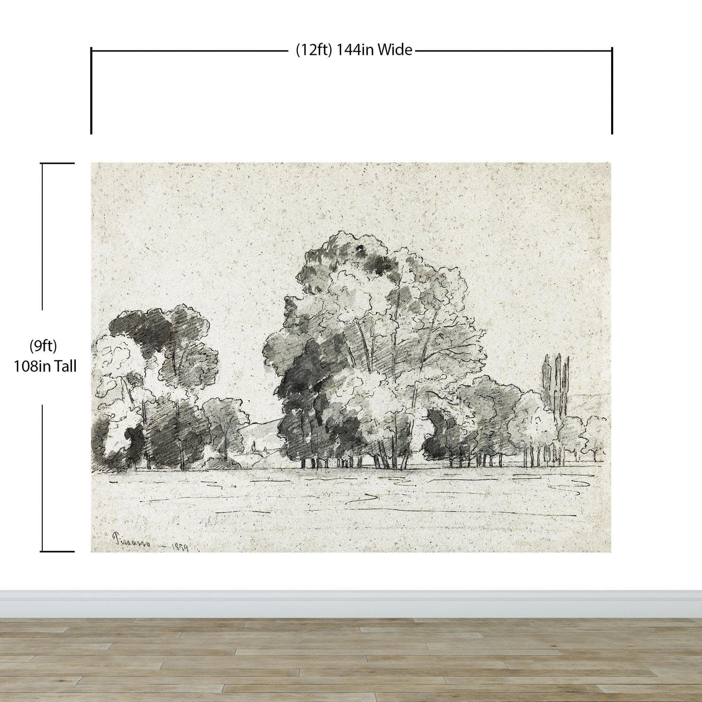 Forest Trees Wallpaper Peel and Stick Mural, Grove of Trees Drawing by Camille Pissarro. #6344