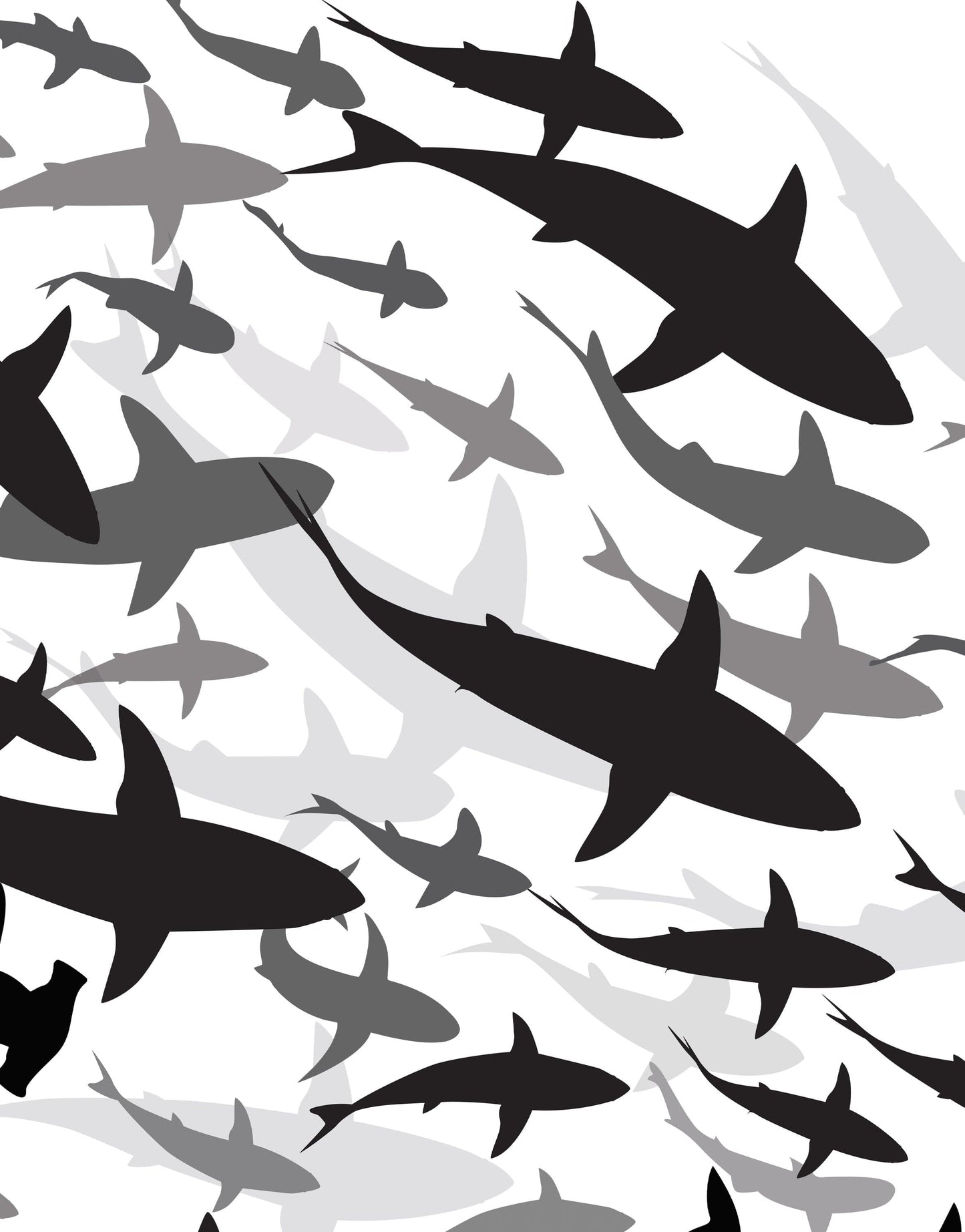 Shark Frenzy Underwater Wall Mural. Peel and Stick Wallpaper. Black and White Shark Silhouettes  #6347