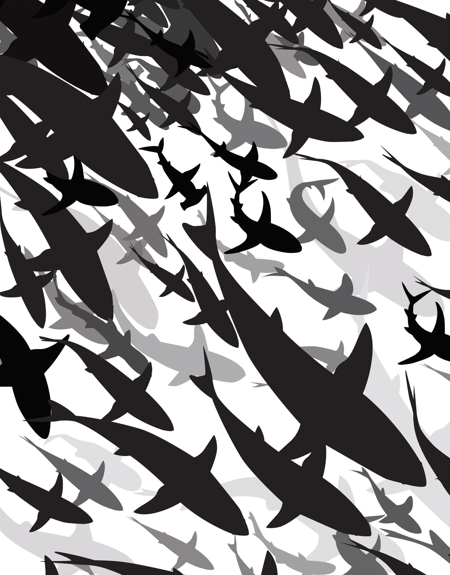 Shark Frenzy Underwater Wall Mural. Peel and Stick Wallpaper. Black and White Shark Silhouettes  #6347