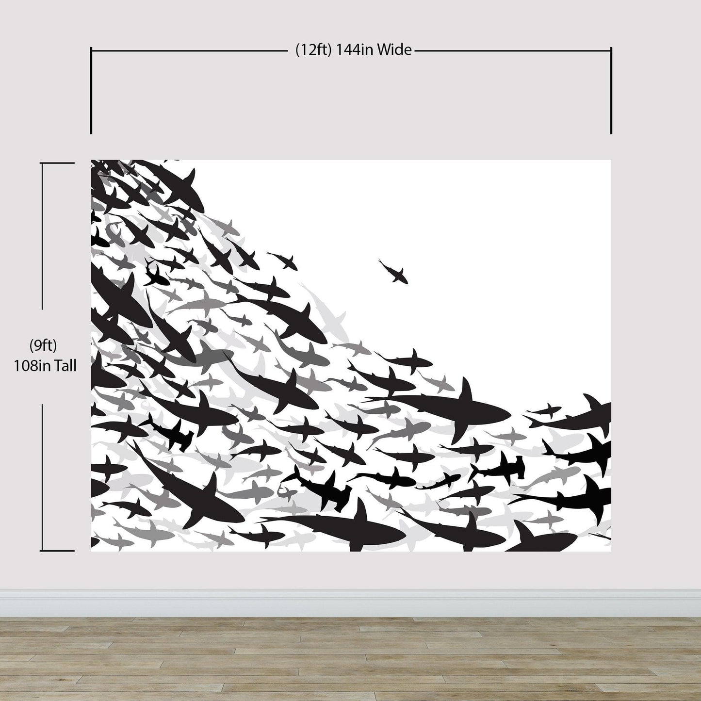 Shark Frenzy Underwater Wall Mural. Peel and Stick Wallpaper. Black and White Shark Silhouettes  #6347