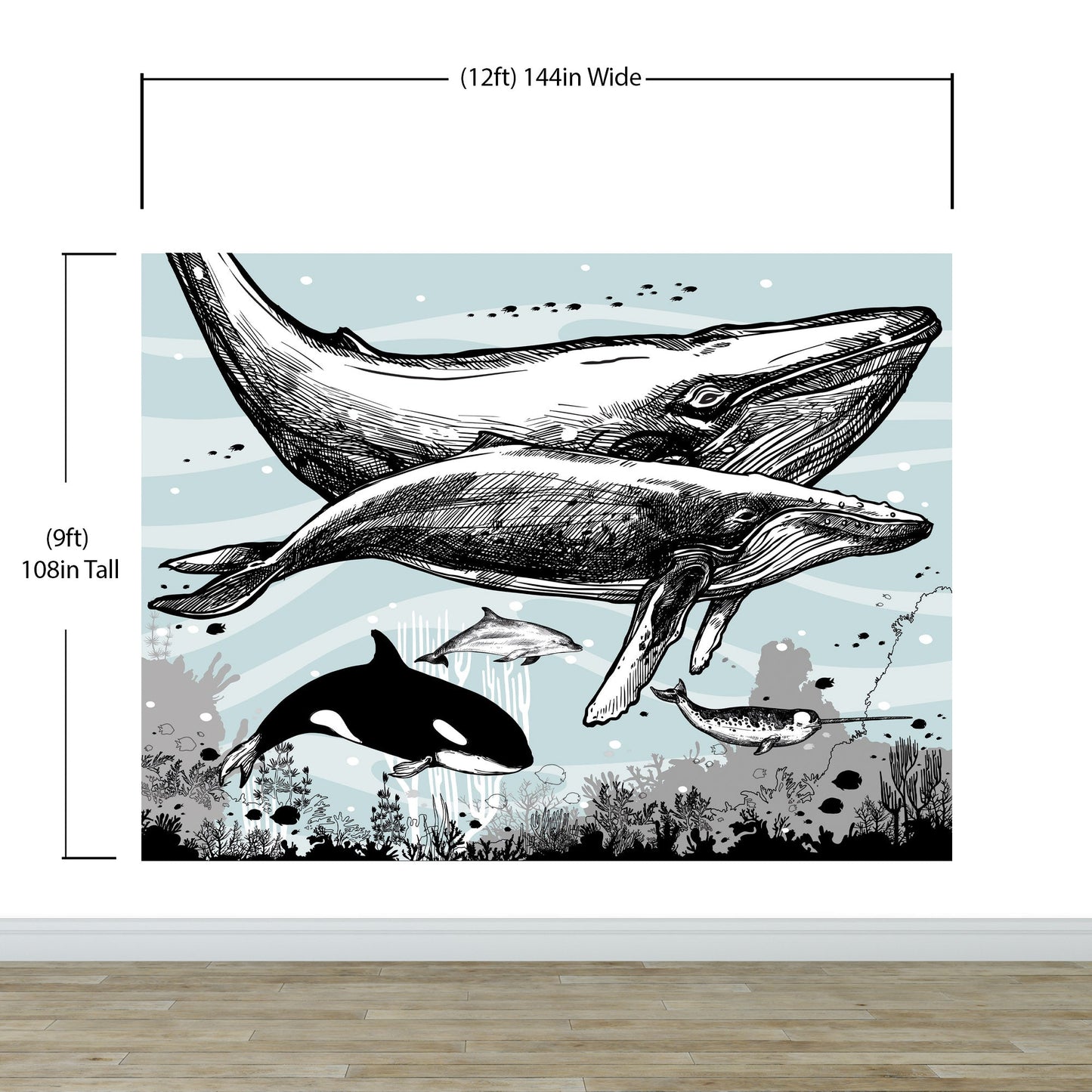 Whale, Dolphin, Killer Whale Wall Mural. Underwater Sea Life Drawing Design. Peel and Stick Wall Mural. #6354