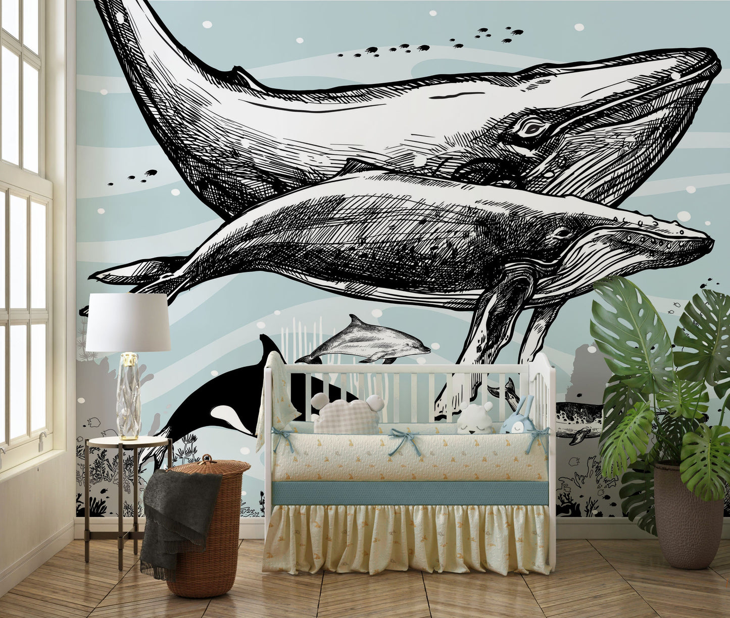 Whale, Dolphin, Killer Whale Wall Mural. Underwater Sea Life Drawing Design. Peel and Stick Wall Mural. #6354