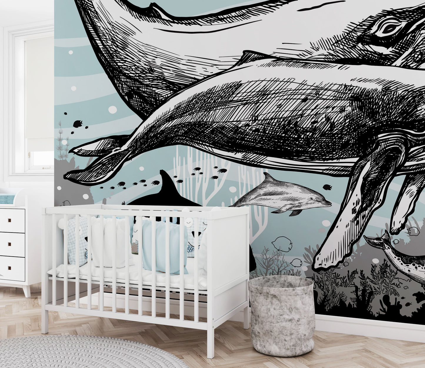 Whale, Dolphin, Killer Whale Wall Mural. Underwater Sea Life Drawing Design. Peel and Stick Wall Mural. #6354
