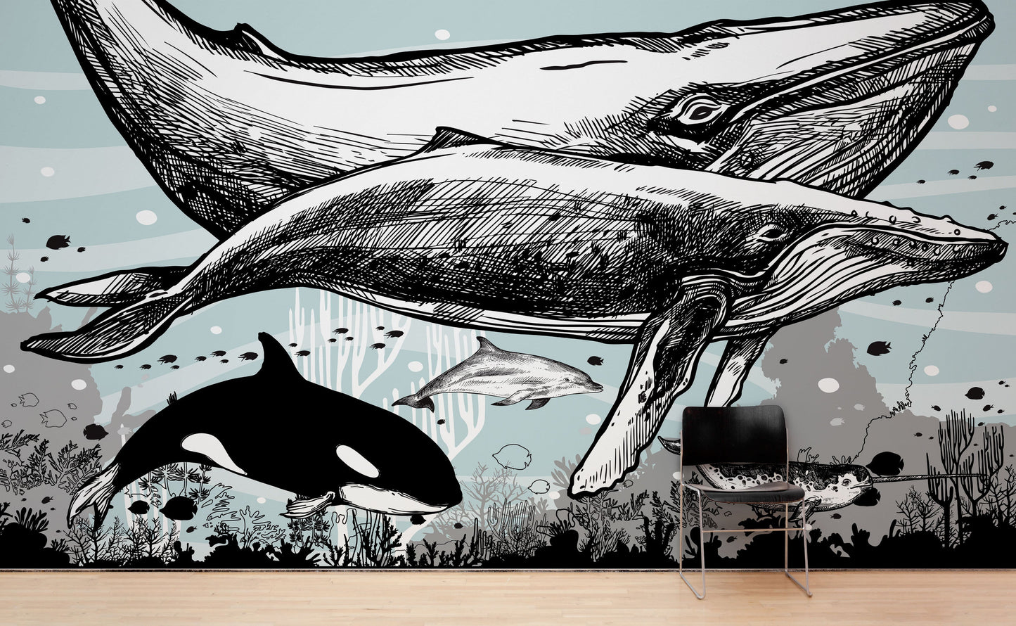 Whale, Dolphin, Killer Whale Wall Mural. Underwater Sea Life Drawing Design. Peel and Stick Wall Mural. #6354