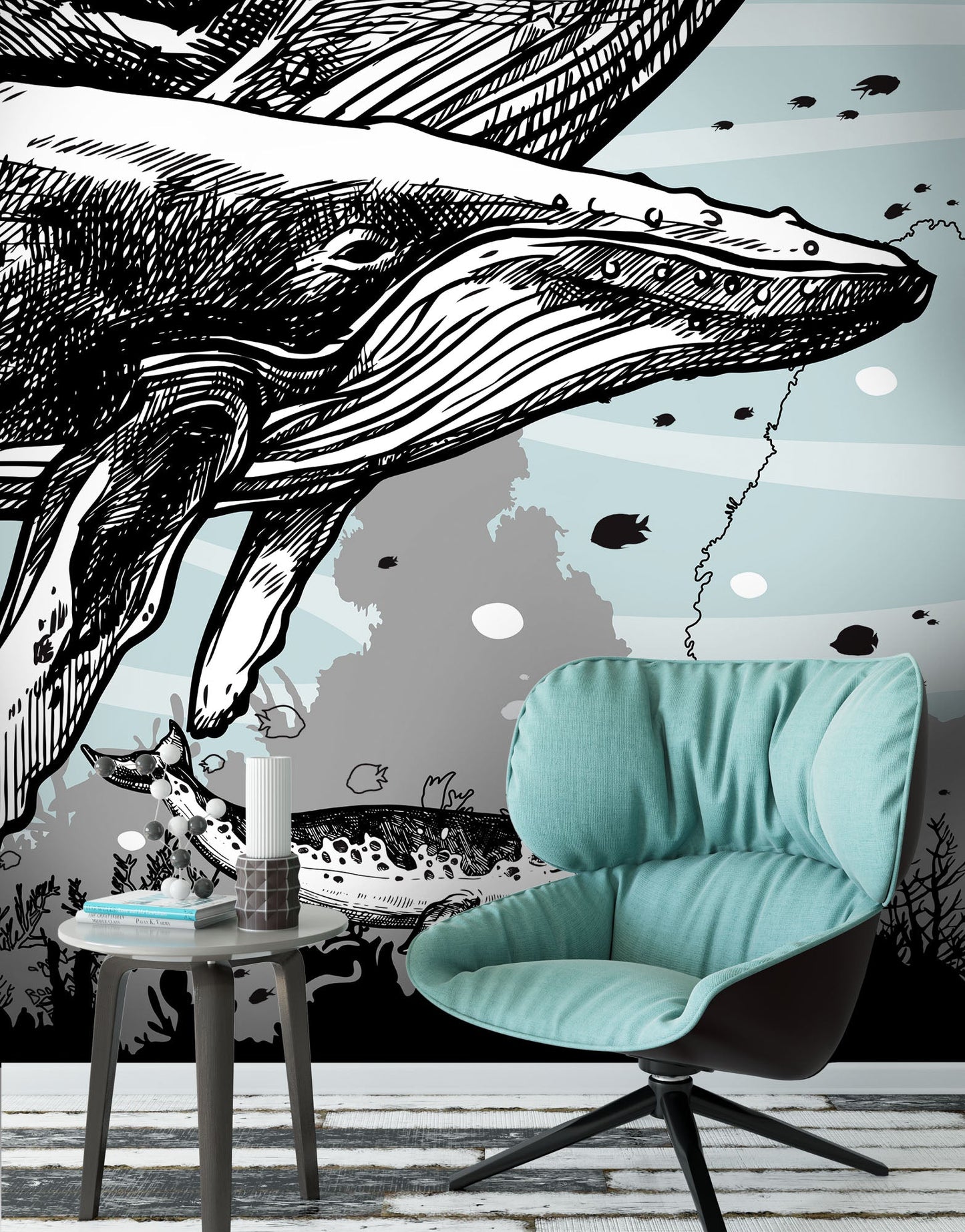 Whale, Dolphin, Killer Whale Wall Mural. Underwater Sea Life Drawing Design. Peel and Stick Wall Mural. #6354