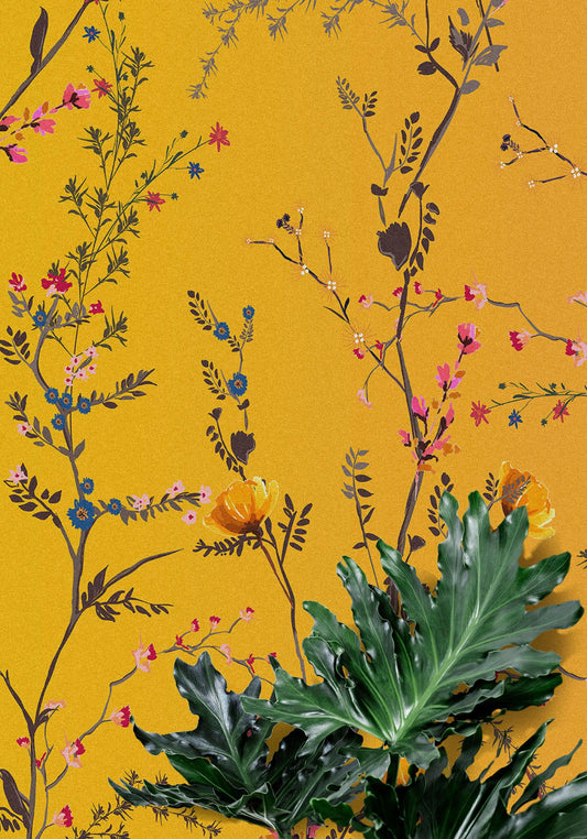 Botanical Flower Garden With Yellow Orange Background Wall Mural. Blossom Flower Decor. #6355
