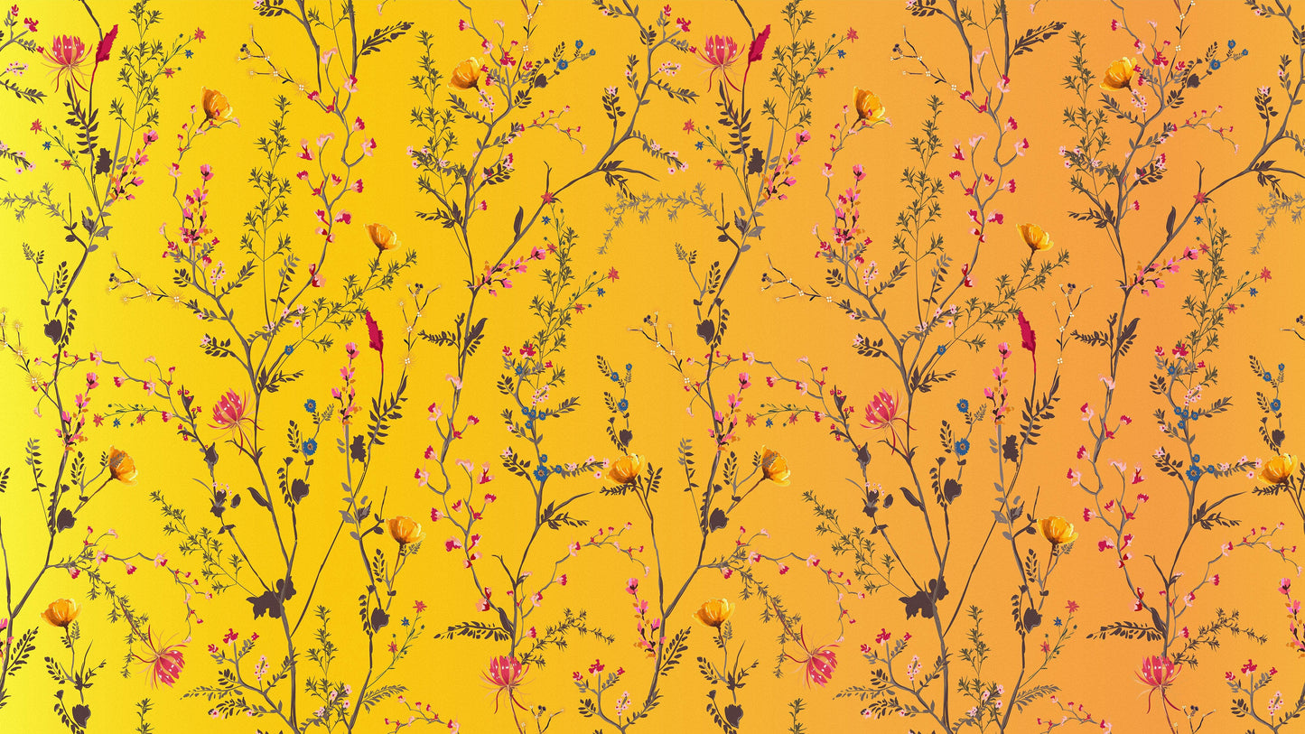 Botanical Flower Garden With Yellow Orange Background Wall Mural. Blossom Flower Decor. #6355