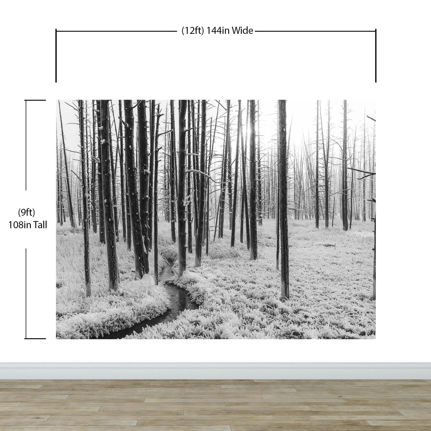 Black and White Forest Landscape Wall Mural. Peel and Stick Wallpaper. #6365