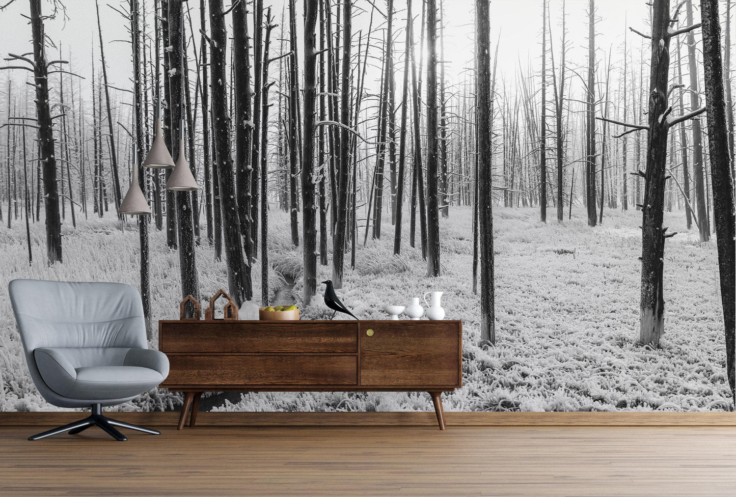 Black and White Forest Landscape Wall Mural. Peel and Stick Wallpaper. #6365