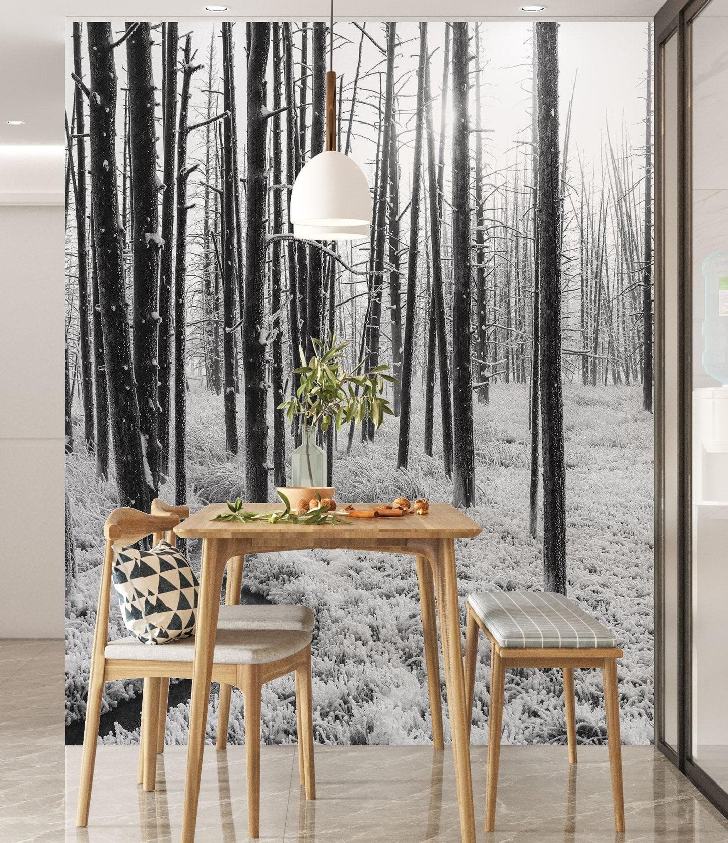 Black and White Forest Landscape Wall Mural. Peel and Stick Wallpaper. #6365