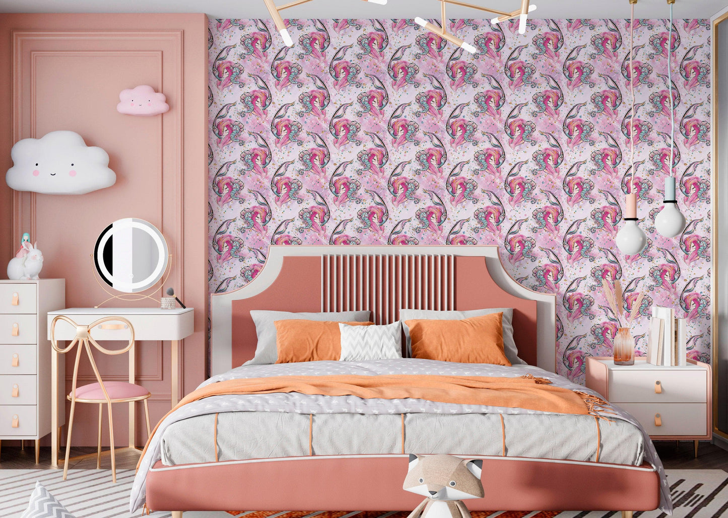 Pink Mermaid Wall Mural. Magical Cute Mermaid and Seahorse in Ocean Peel and Stick Wallpaper. #6371