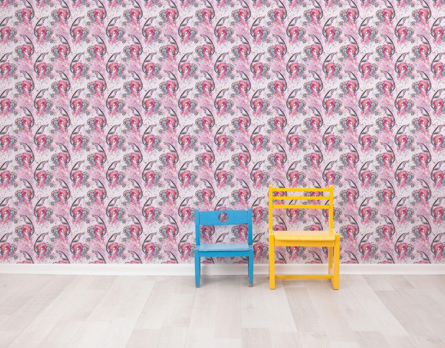 Pink Mermaid Wall Mural. Magical Cute Mermaid and Seahorse in Ocean Peel and Stick Wallpaper. #6371