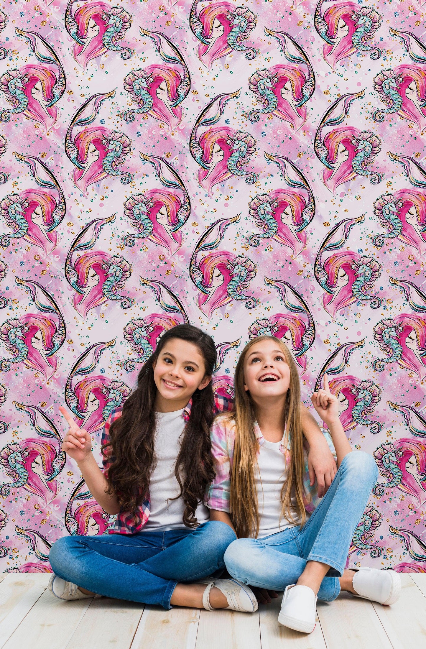 Pink Mermaid Wall Mural. Magical Cute Mermaid and Seahorse in Ocean Peel and Stick Wallpaper. #6371