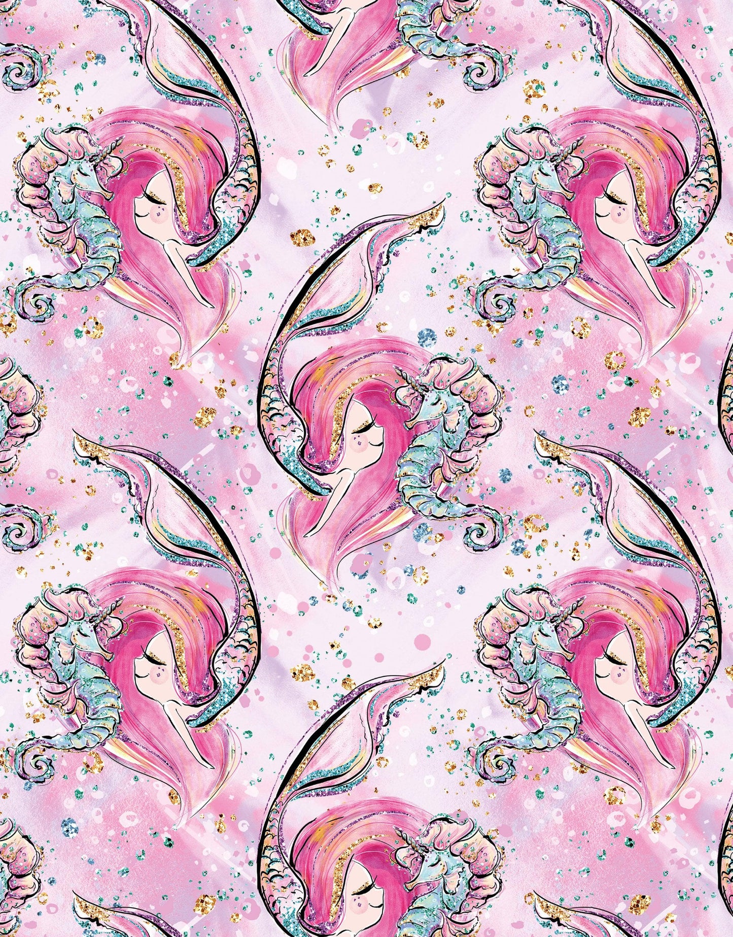 Pink Mermaid Wall Mural. Magical Cute Mermaid and Seahorse in Ocean Peel and Stick Wallpaper. #6371