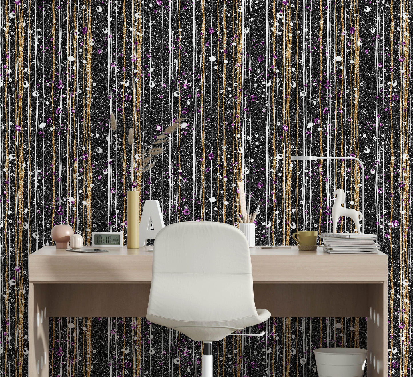 Glamour Gold Stripe Wall Mural. White and Purple Dot Peel and Stick Wallpaper. #6378