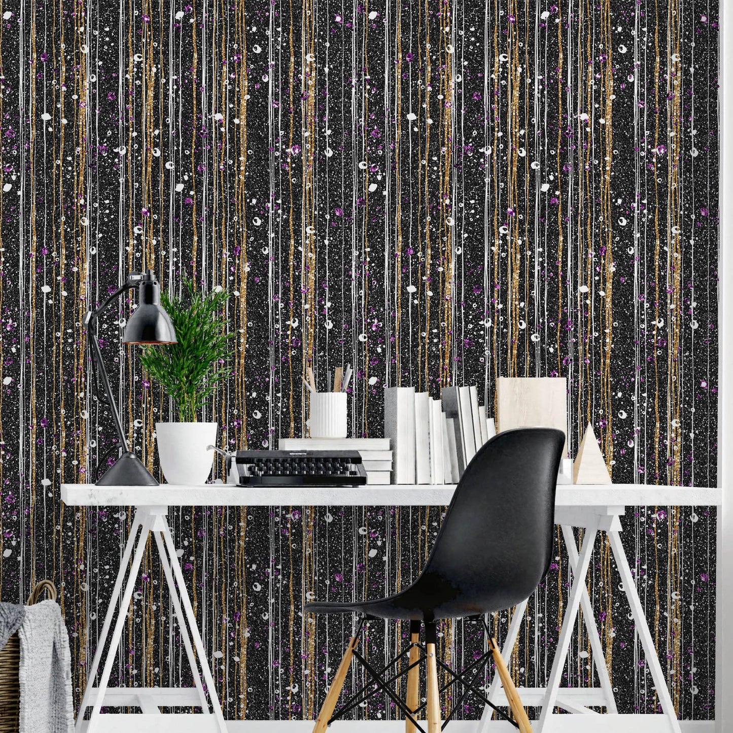 Glamour Gold Stripe Wall Mural. White and Purple Dot Peel and Stick Wallpaper. #6378