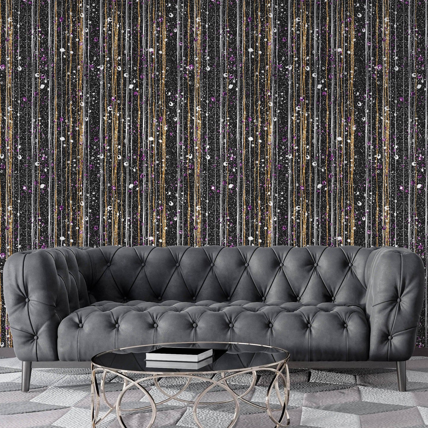 Glamour Gold Stripe Wall Mural. White and Purple Dot Peel and Stick Wallpaper. #6378