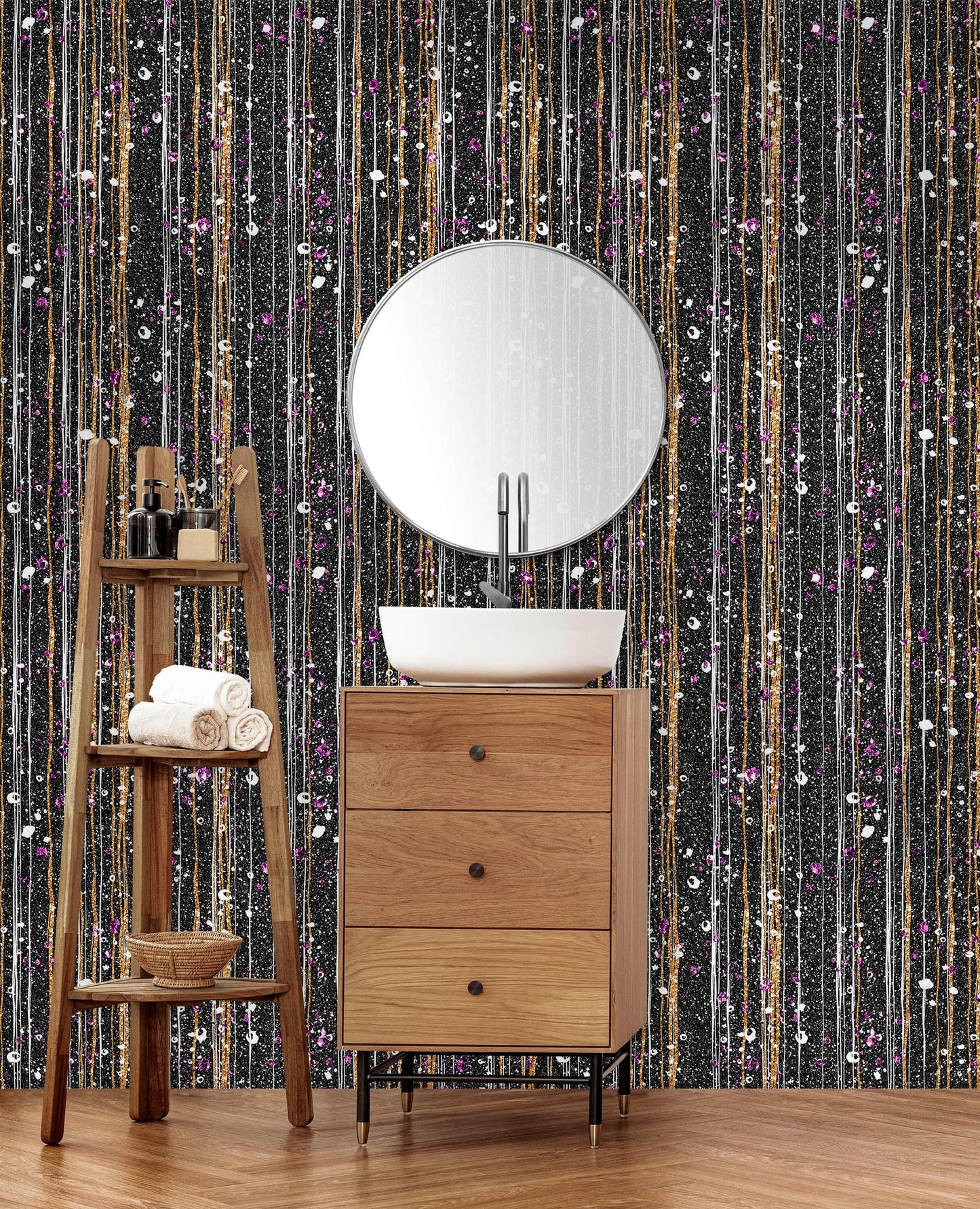 Glamour Gold Stripe Wall Mural. White and Purple Dot Peel and Stick Wallpaper. #6378