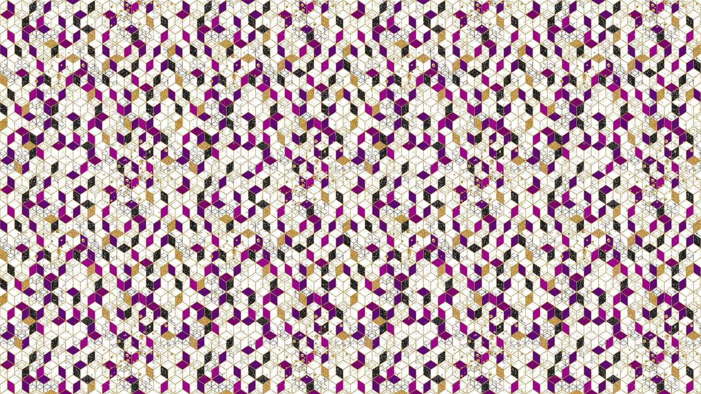 Abstract 3D Cube Shape Wall Mural. Geometric Cube Minimalistic Purple and Gold Peel and Stick Wallpaper. #6380