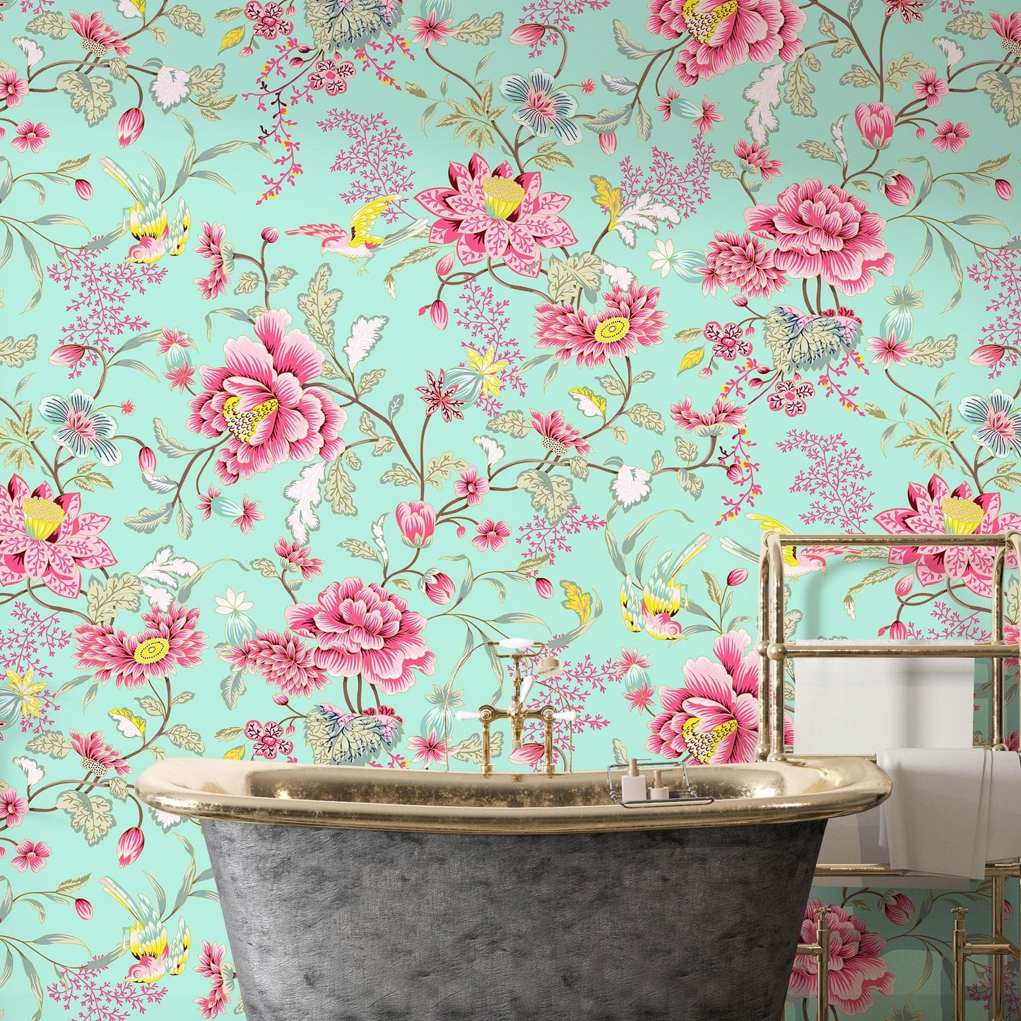 Mint Color Flower Pattern Wall Mural. Tropical Botanical Floral Peel and Stick Wallpaper. #6387