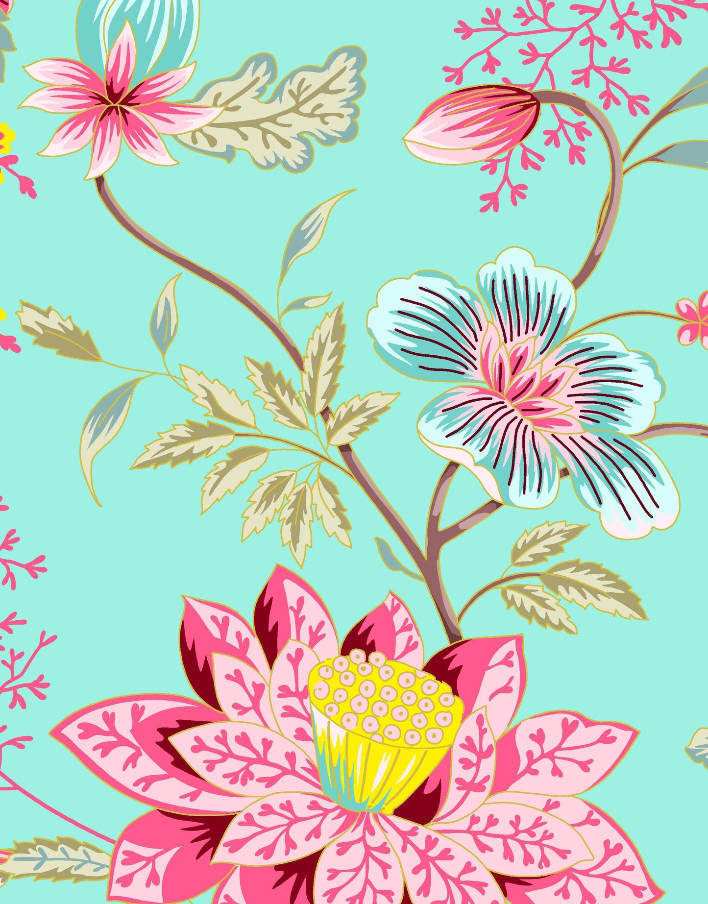 Mint Color Flower Pattern Wall Mural. Tropical Botanical Floral Peel and Stick Wallpaper. #6387