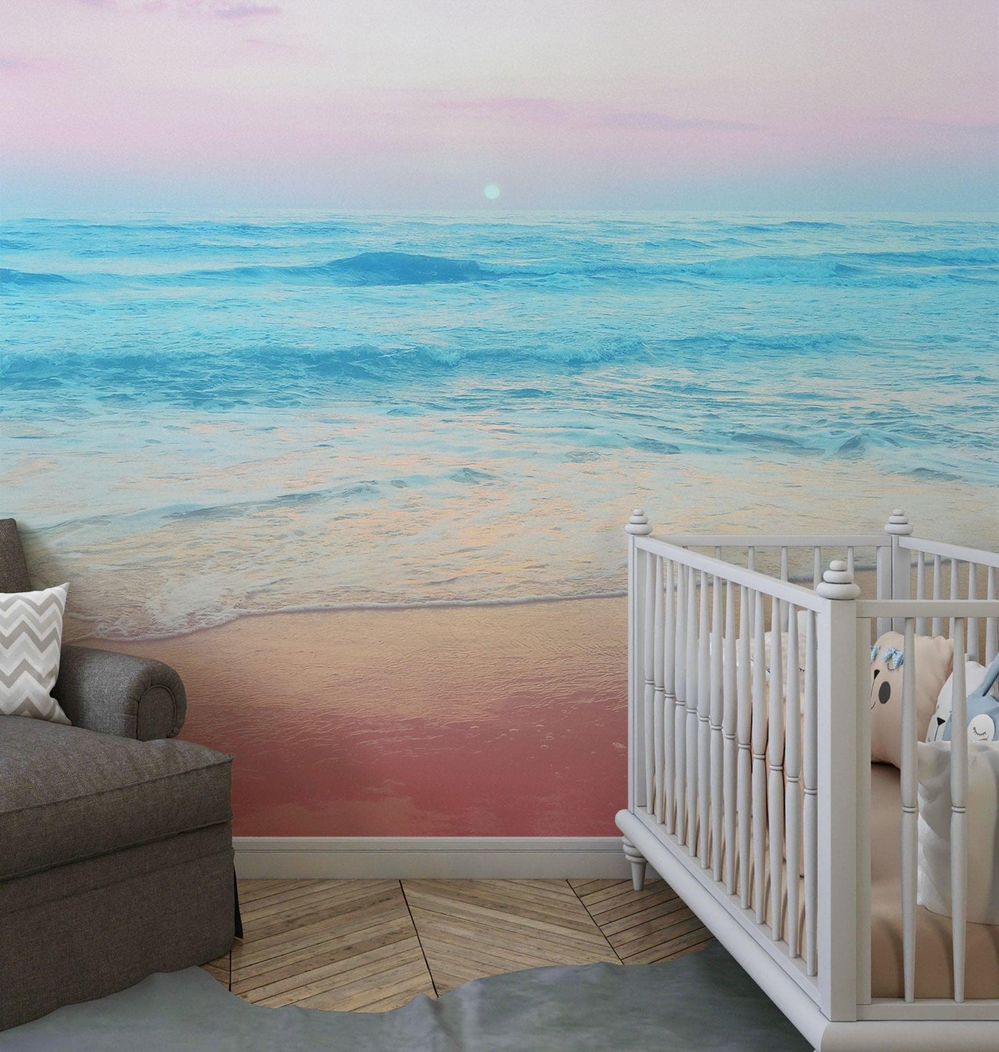 Pastel Color Sunset over the Ocean Horizon Wall Mural. Beach Theme Peel and Stick Wallpaper. #6400