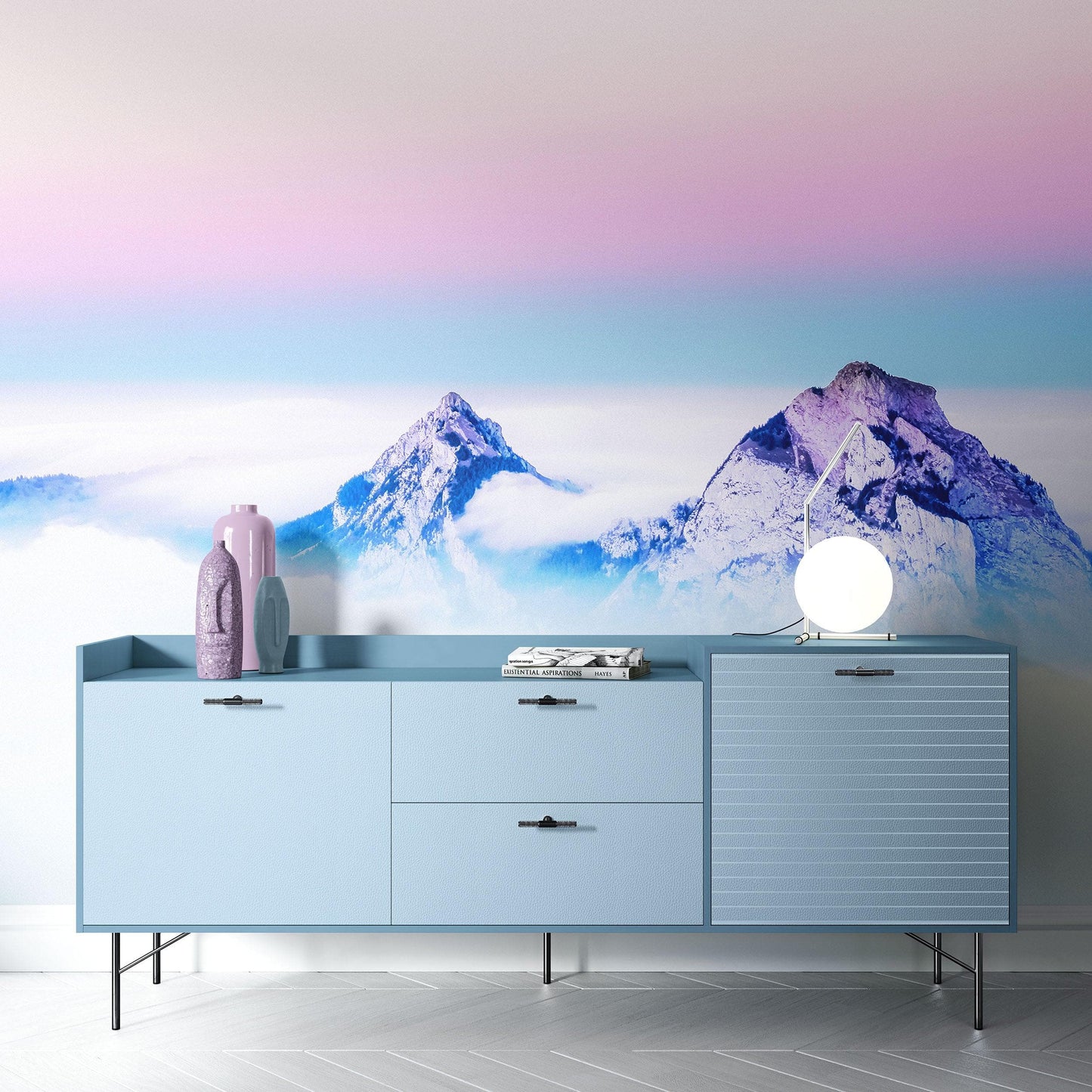 Pastel Color Mountain View on Top of Clouds Wall Mural. Peel and Stick Wallpaper / Removable Wall Mural. #6402