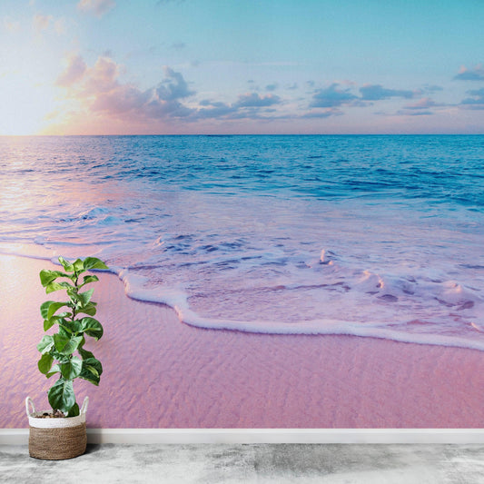 Pastel Color Sunset over Paradise Beach Wall Mural. Pastel Pink and Blue Color Scheme Peel and Stick Wallpaper. #6404