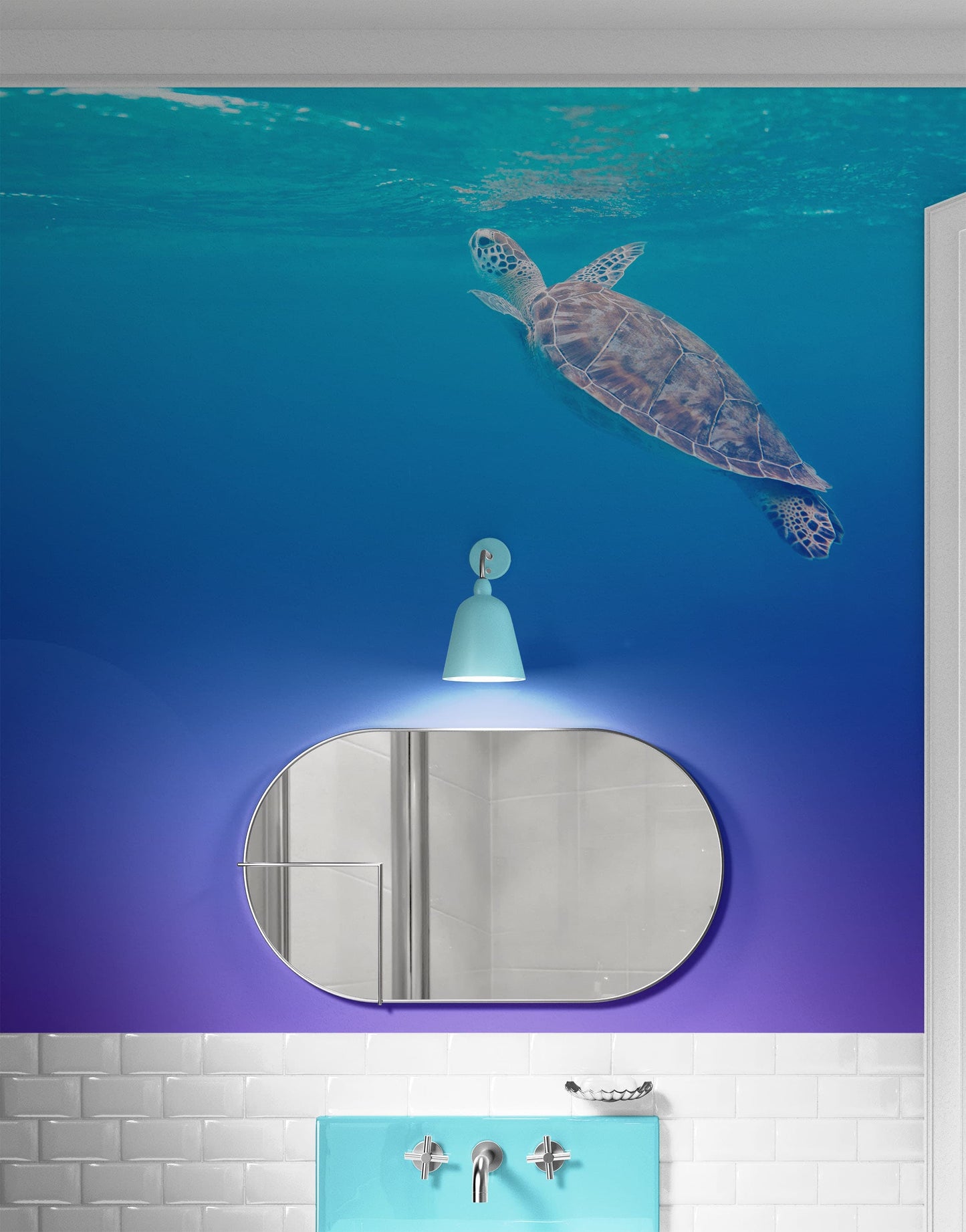 Swimming Sea Turtle Coming Up for Air Wall Mural. Pastel Color Sea Life. Peel and Stick Wallpaper. #6406