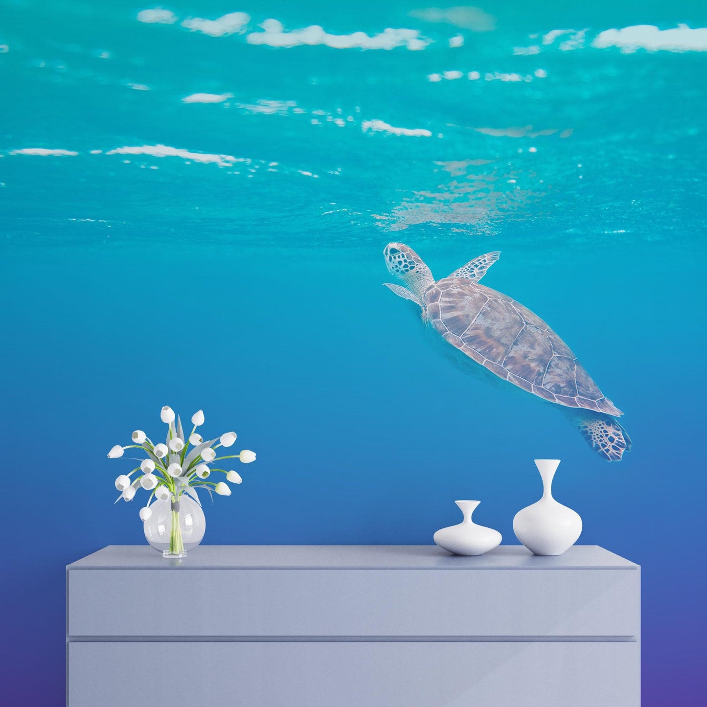 Swimming Sea Turtle Coming Up for Air Wall Mural. Pastel Color Sea Life. Peel and Stick Wallpaper. #6406