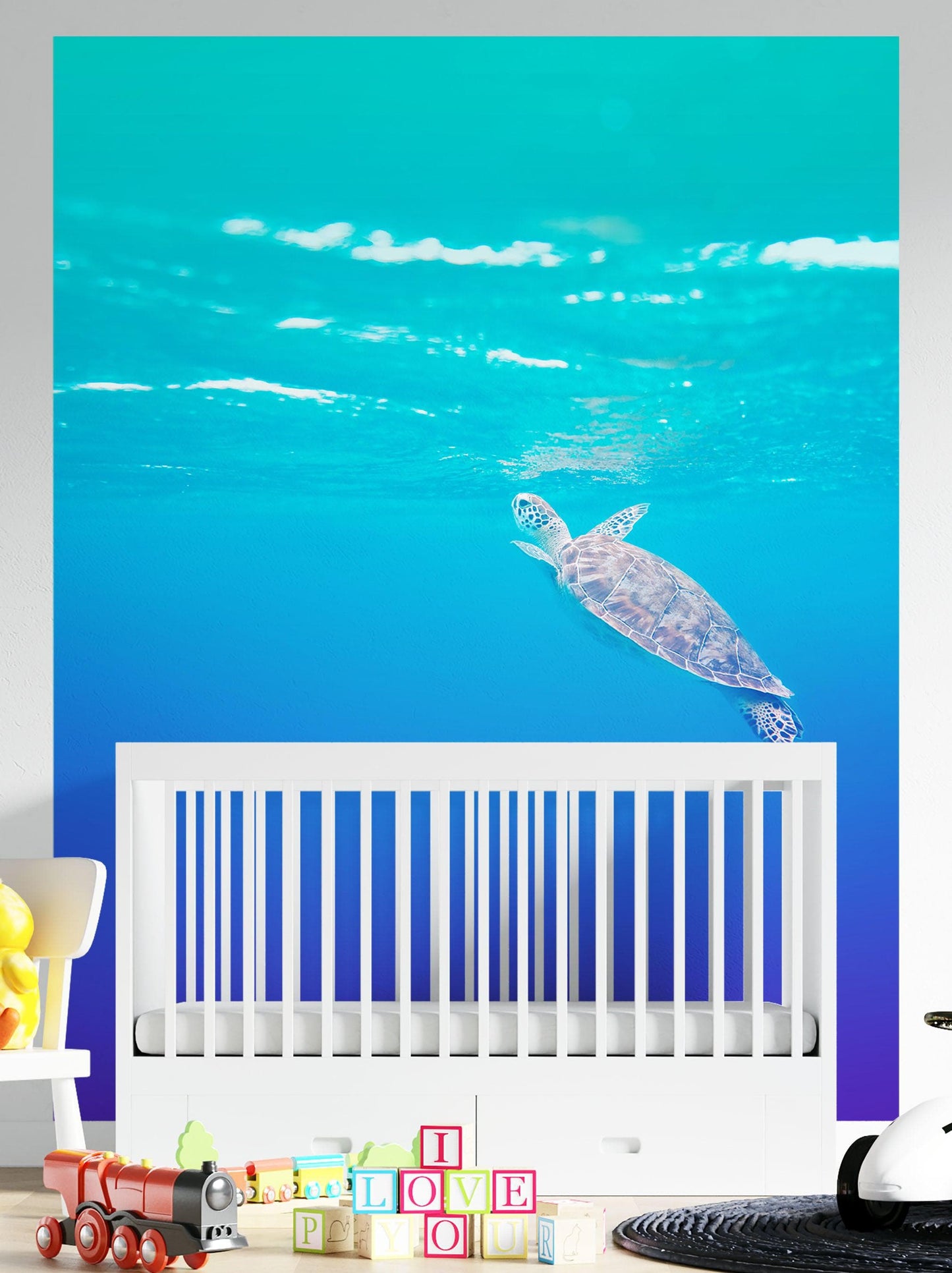 Swimming Sea Turtle Coming Up for Air Wall Mural. Pastel Color Sea Life. Peel and Stick Wallpaper. #6406