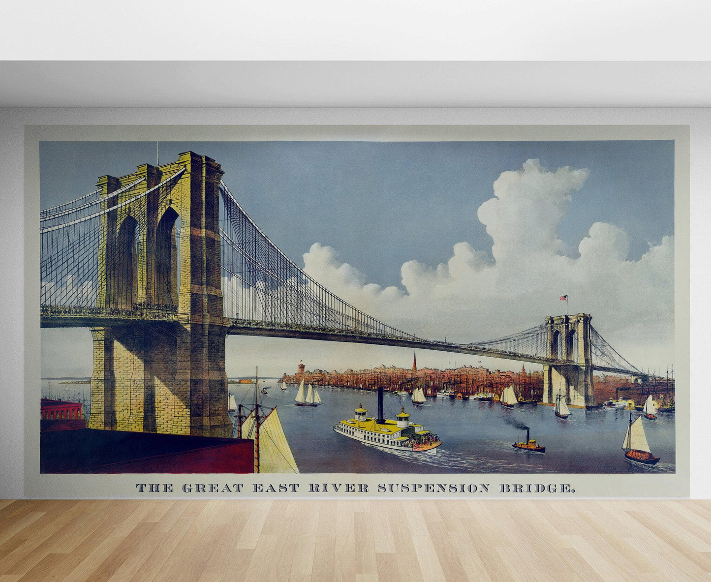 Vintage Brooklyn Bridge Illustration Wallpaper Mural - The Great East River Suspension Bridge. #6408