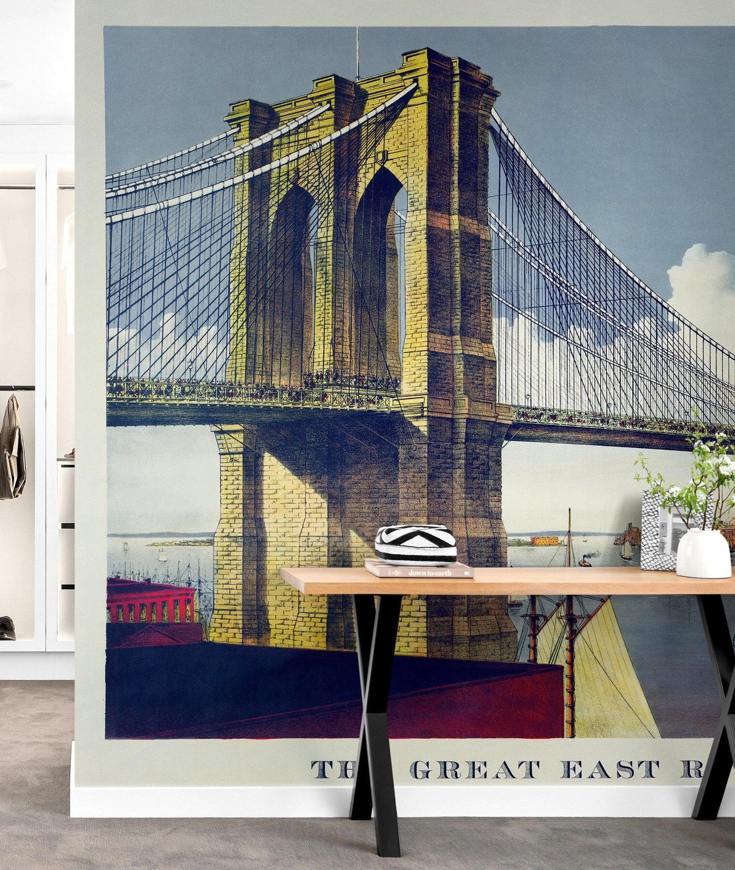 Vintage Brooklyn Bridge Illustration Wallpaper Mural - The Great East River Suspension Bridge. #6408