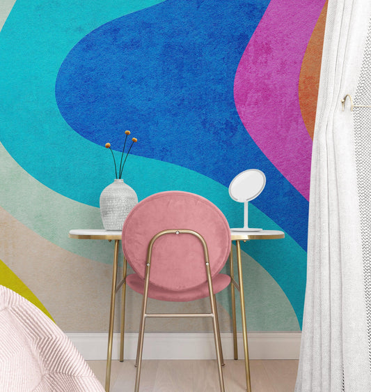 Abstract Retro Rainbow Color Curve Pattern Wall Mural. #6433